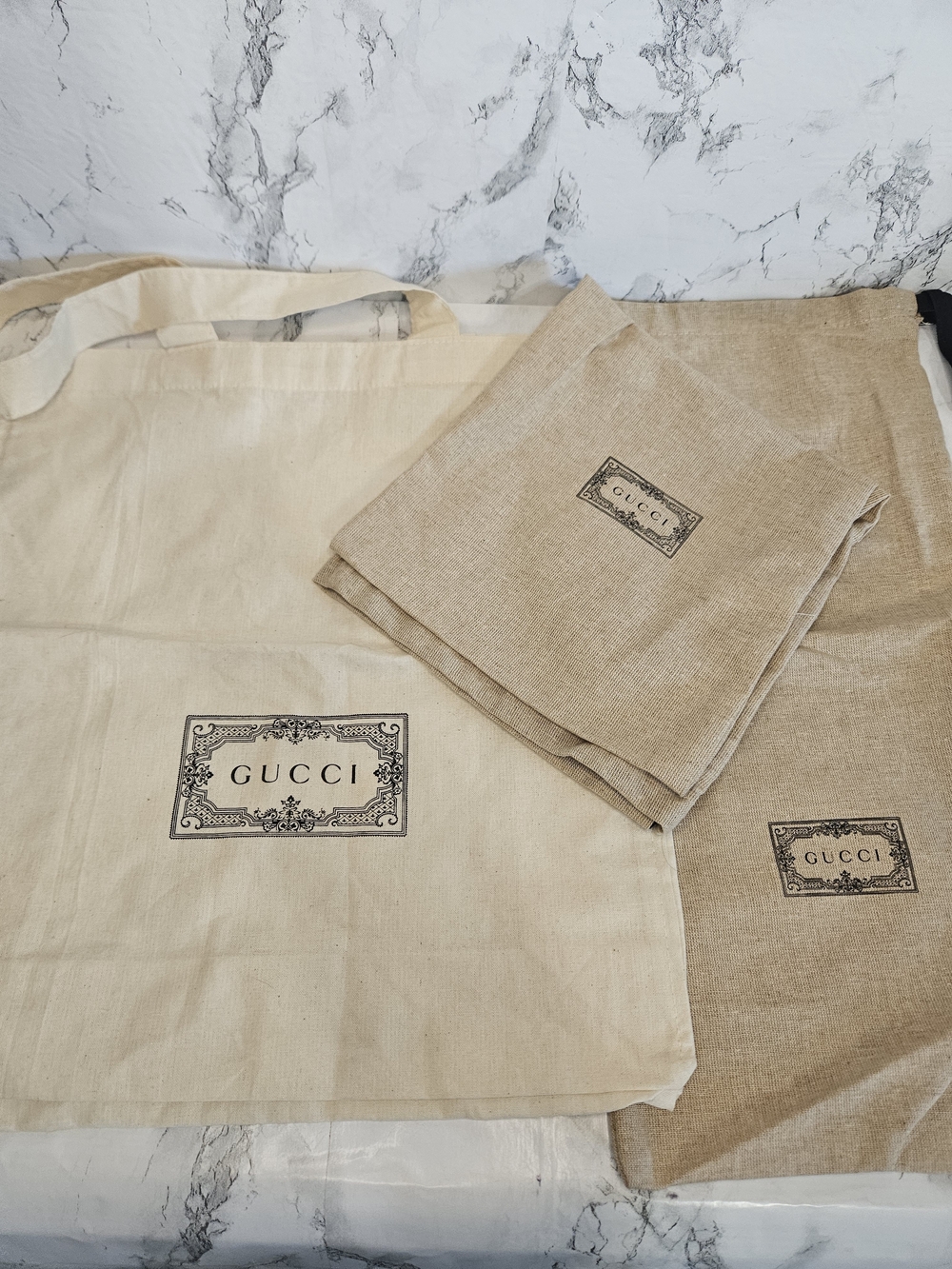3 GUCCI Logo Dust Bags in Natural Beige and Tan